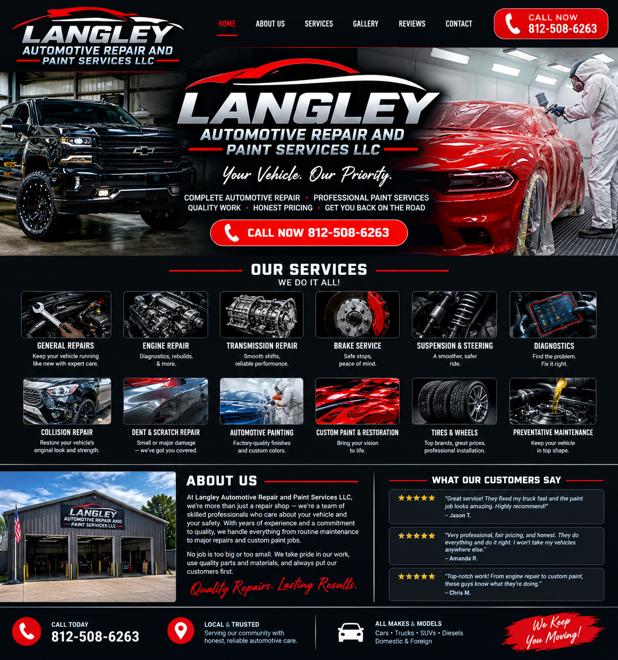 Langley Automotive Repair and Paint Services LLC — automotive repair and paint services, service cards, shop photo, customer review panel, and contact information. Call 812-508-6263.